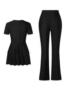 Swim Mulvari 全新夏季女式圆领短袖收腰双下摆连衣裙 + 直筒裤黑色休闲度假两件套 - 黑色 - 查看 7