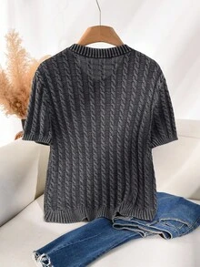 CosyJoli Women Plus Size Casual Washed Melange Cable Knit Short Sleeve Cardigan, Grey Button Up Ribbed Knit Top For Smart Casual Everyday, Fall/Winter - Black - View 2