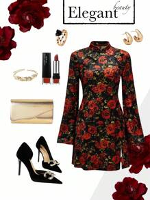 Ellevyn Floral Print Split Thigh Velvet Dress - Multicolor - View 1