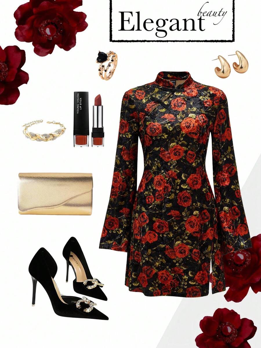 Ellevyn Floral Print Split Thigh Velvet Dress - Multicolor - View 1