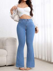 Flexra 加大码高腰修身喇叭腿水洗深蓝色牛仔裤 - 淺色水洗藍 - 查看 6