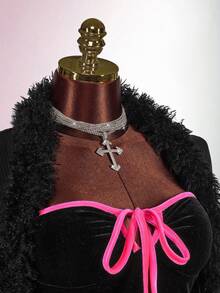 Amplova Solid Fuzzy Trim Open Front Crop Fall Clothes Women Jacket - Black - View 7