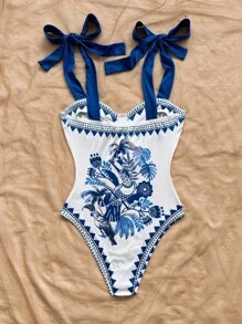 Soleia 女士新款假日系列针织吊带蝴蝶结连体衣，花鸟印花，蓝白配色，适合邮轮、嘉年华等场合，可内搭或外穿。