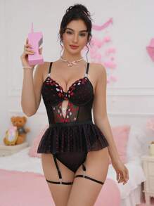SHEIN 4pcs Set Women's Black Heart Pattern Sexy Bodysuit