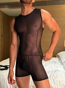 SHEIN 男士弹力网眼透视露背性感紧身衣 - 黑色 - 查看 3