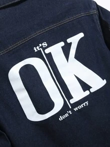 Manfinity Homme 男士标语印花长袖单排扣口袋宽松休闲牛仔夹克 - 深色水洗藍 - 查看 4