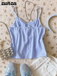 青少年女孩蝴蝶结装饰镂空吊带背心，时尚休闲夏季蓝色条纹背心娃娃背心蓝白条纹夏季上衣夏季上衣可爱夏季上衣 - 藍色 - 查看 2