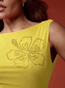 MISSGUIDED Atasan Tank Top Crop Musim Panas dengan Desain Hibiscus Berhiaskan Berlian Imitasi, Tanpa Lengan, Tanpa Punggung, Cocok untuk Festival, Pantai, Liburan, dan Resor, Potongan Ramping - Kuning - View 5