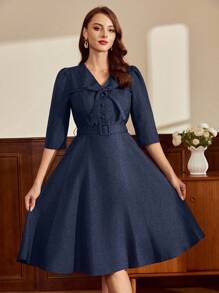 Vintamour Đầm nữ cổ điển thanh lịch, mùa thu/đông, ôm dáng, thắt nơ phía trước, tay lửng, màu xanh navy, dáng chữ A, thích hợp cho lễ Phục sinh, lễ hội, tốt nghiệp, trang phục tốt nghiệp cho mẹ. - Màu xanh hải quân - Xem 3