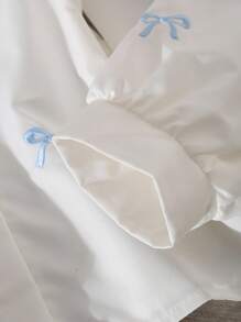 Genkimix Kids Girls Casual Fashionable Everyday Minimalist Turn-Down Collar Long Sleeve Loose Bow Embroidery Design White Shirt, Versatile Top For Back To School, Autumn Fall Winter