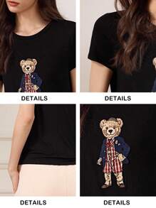 Briarwyn 夏季休闲简约小熊印花短袖T恤，返校季可爱教师图案刺绣T恤 - 黑色 - 查看 9