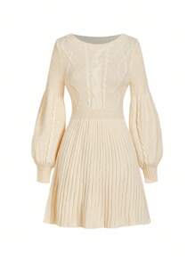 Ellevyn 女士休闲扭纹图案圆领长袖针织毛衣连衣裙，冬季，秋季服装 - 杏色 - 查看 6