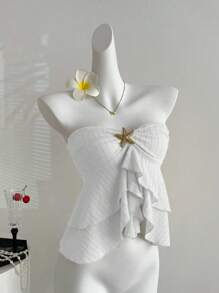 Sweetra 浪漫百搭双层荷叶边下摆海星扣扭花前短款上衣 - 白色 - 查看 6