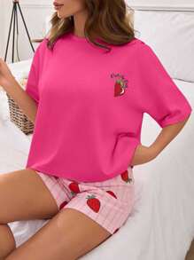 EURMUSE Cotton 2Pcs Strawberry Printed Detail Short Sleeve Shirt And Shorts PJ Set - Hot Pink - View 1
