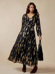 Florisole Women's Elegant Flowy Gold Foil Brush Lantern Sleeve Dress Black And Gold Maxi Dress Long Black Dress With Gold Print Fall Cloth For Women