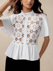 Florisole Women's Elegant White Lace Panel Blouse, Featuring A Sophisticated Semi-Sheer Design, Ruffled Stand Collar, And Stylish Short Sleeves With A Flattering Peplum Hem. All White - White - View 1