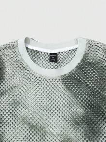 ROMWE MEN Grunge Punk 男士网眼面料长袖T恤，宽松短款 - 綠色 - 查看 2