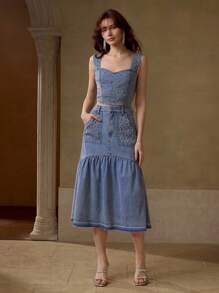 MOTF PREMIUM 水钻细节牛仔上衣和裙子两件套 - 藍色 - 查看 4