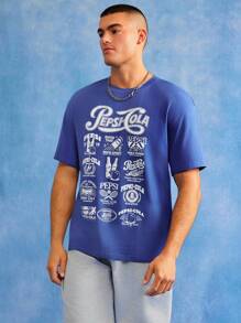 PEPSI X SHEIN 男士休闲街头字母图案短袖T恤，夏季