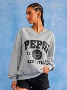 PEPSI X SHEIN 女式字母图案V领休闲长袖运动衫 - 灰色 - 查看 3