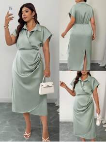 Elenzga 大码女式春夏缎面法式简约高端通勤别致优雅办公室下午茶会鸡尾酒 V 领落肩袖褶皱腰衬衫裙，松紧腰带和褶皱裙摆 - 綠色 - 查看 7