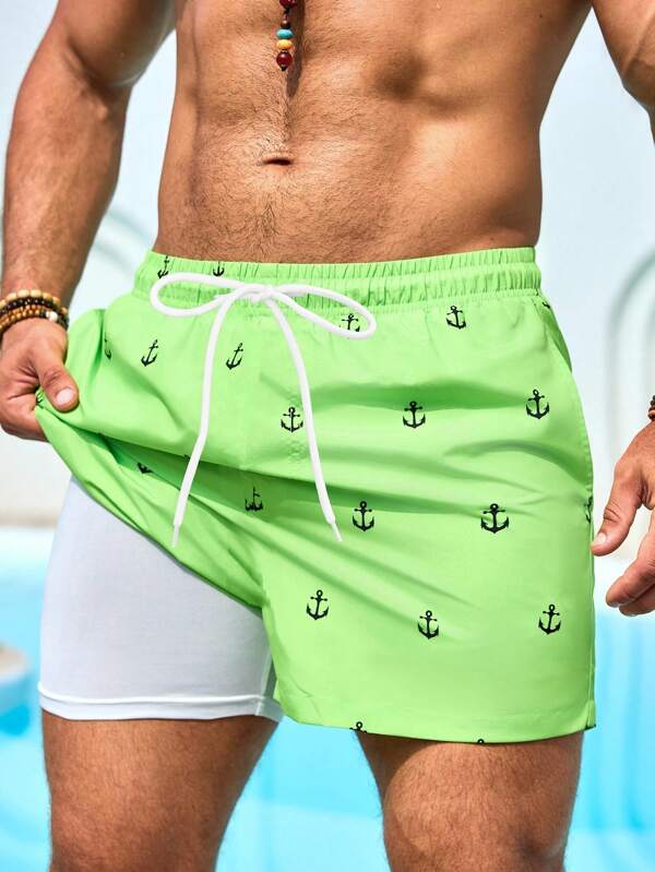 Manfinity Swimmode Pantalones cortos de playa informales con estampado de ancla para hombres, pantalones cortos de natación verdes con estampado de ancla para hombres