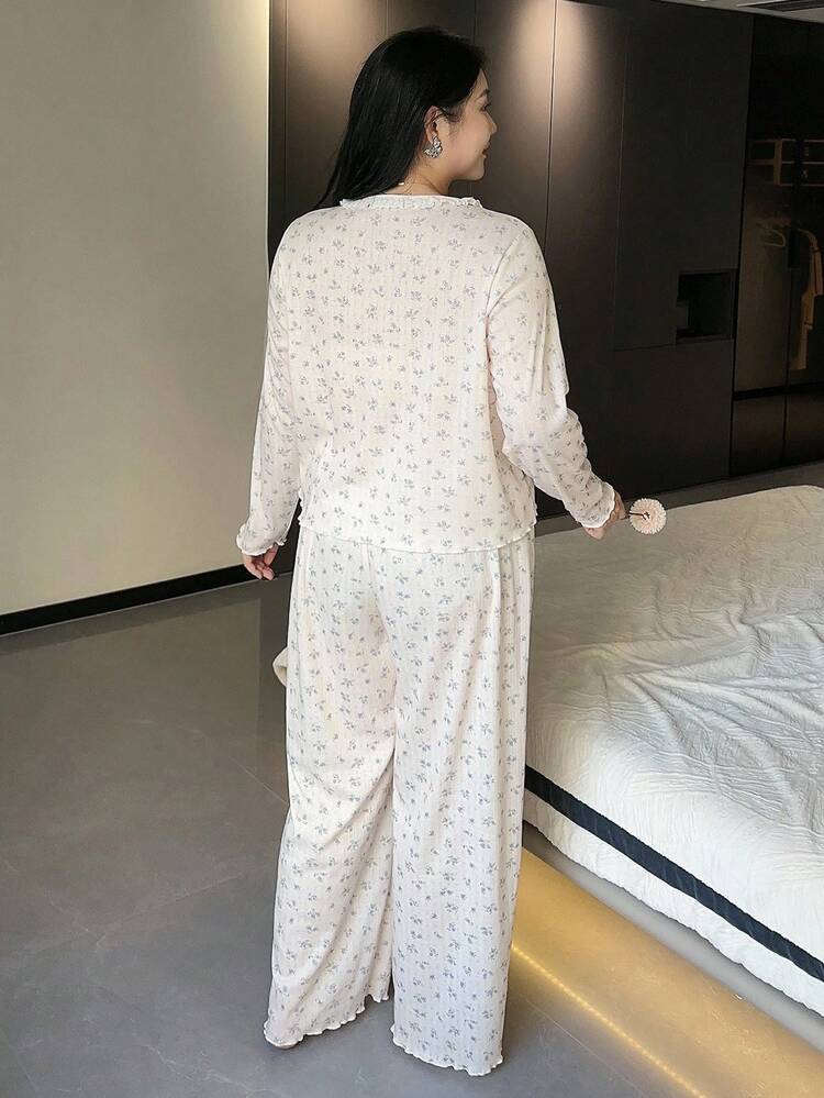 Dazy Plus Ditsy Floral Bow Decor Long Sleeve Top And Loose Pants Pajama Set