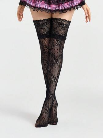 Grunge Punk زوج واحد من جوارب فوق الركبة بزخرفة زهور فينتيج، جواريب شفافة عالية الفخذ باللون الأسود