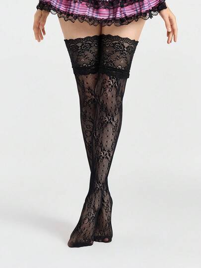 Grunge Punk زوج واحد من جوارب فوق الركبة بزخرفة زهور فينتيج، جواريب شفافة عالية الفخذ باللون الأسود