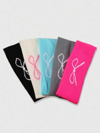 Kawaii 5pcs Streetwear Style Bow Printed Knitted Headbands, Suitable For Women To Use In Fitness, Street Dance, Music Festival Decoration
