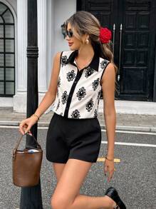 SHEIN Unity Camisa informal versátil sin mangas con estampado a contraste de color - Albaricoque - Ver 6