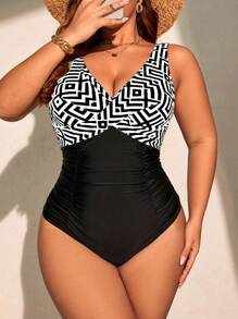Swim Lushoire Plus Size Women's Summer Beach Vacation Style Patchwork Print Cross Wrap One-Piece Swimsuit - Black and White - View 1