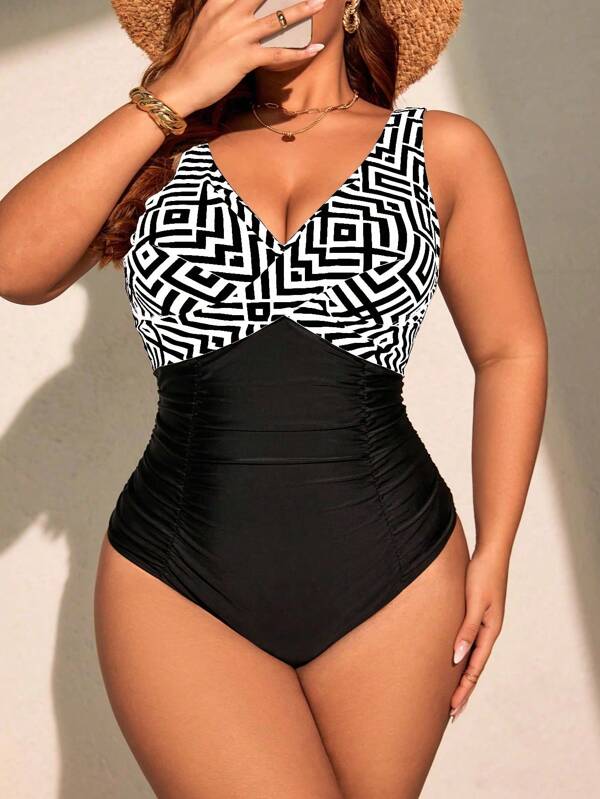 Swim Lushoire Traje de baño de una pieza con estampado de patchwork cruzado, estilo de vacaciones en la playa para mujer de talla grande