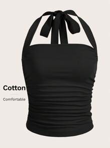 SHEIN X ELOISA & ORSON SHEIN MOD Summer Casual Solid Backless Ruched Halter Top