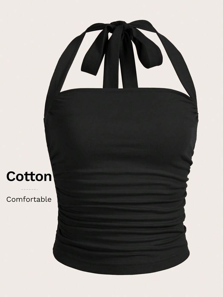 SHEIN MOD 夏季休闲纯色露背褶饰吊带上衣 - 黑色 - 查看 4