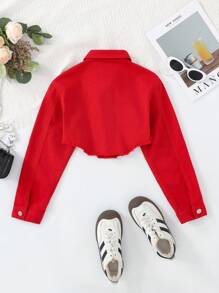 SHEIN 女孩街头风格短款牛仔夹克 - 紅色 - 查看 2
