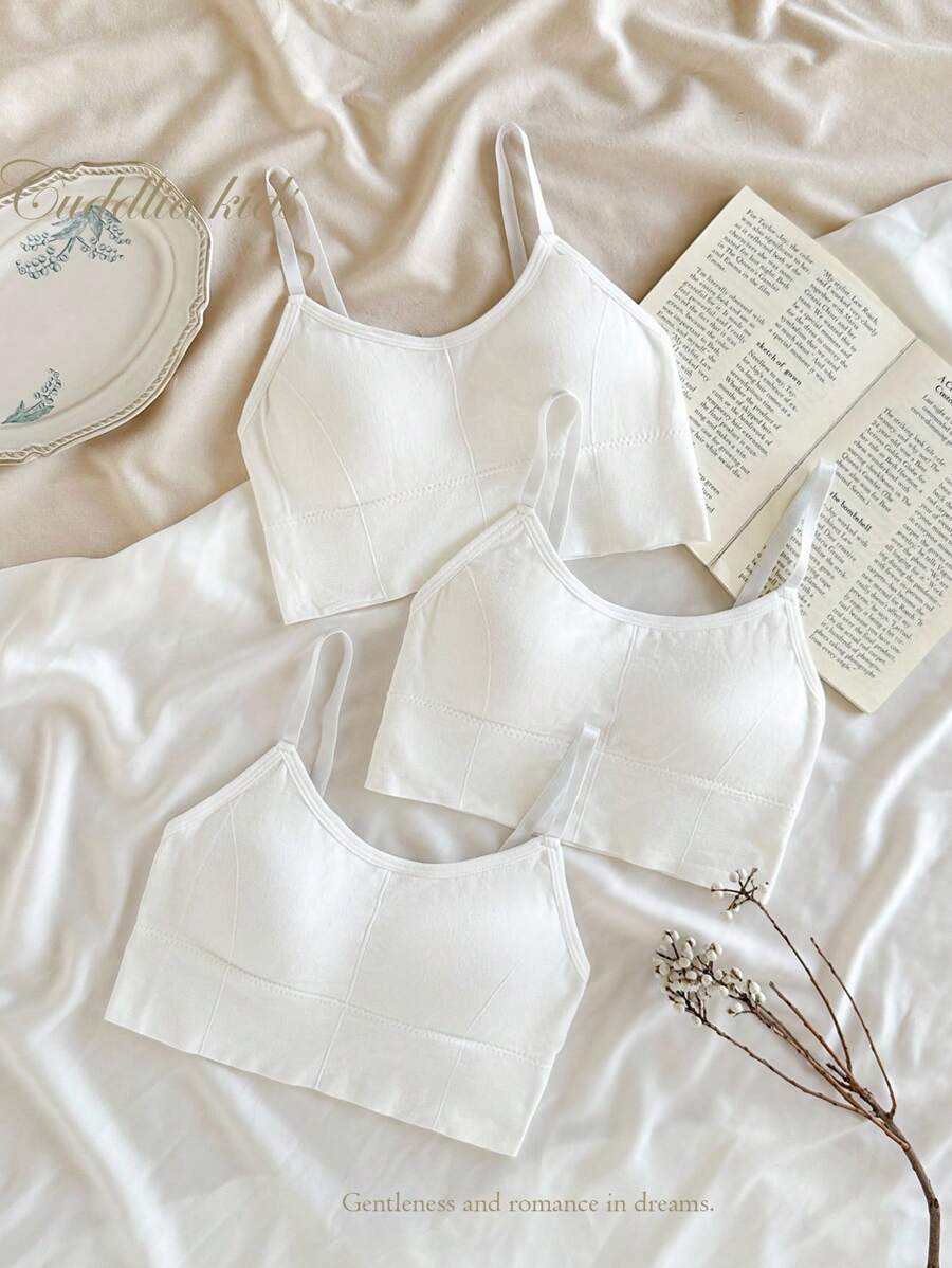 SHEIN Genkimix Kids 3 PiecesWhite Simple & Fashion Solid Color Bralette With Padding For Teenage Girls Fall Winter - White - View 1