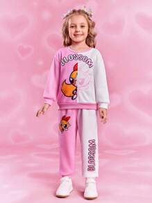 THE POWERPUFF GIRLS X SHEIN 年轻女孩可爱花朵印花撞色落肩宽松圆领运动衫和裤子两件套，秋冬 - 粉色 - 查看 2