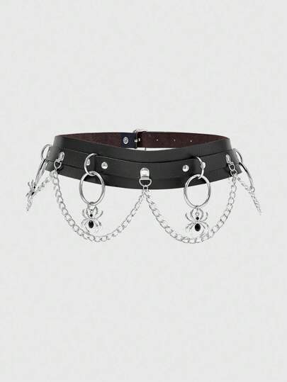 Grunge Punk 1pc Women's Black Spider Web Circle Decor Goth Style Chain Belt Accessory, Versatile For Dress, Jeans, Daily Wear, Suitable For Halloween