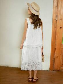 Hapijoa 2pcs/Set Tween Girl Girls Sleeveless Square Neck Top And Skirt Outfit, Summer - White - View 5