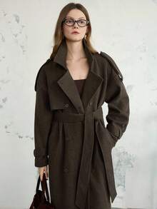 DAZY Women's Loose Business Casual Elegant Stand Collar Brown Cinched Waist Overcoat, Suitable For New Year, Christmas, Autumn/Winter - Chocolate Brown - View 7