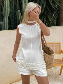 Livesso Débardeur ajusté à volants pour femmes, idéal pour les vacances - Blanc - Voir 4