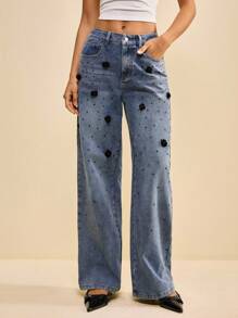 Muvela 女式休闲花卉装饰口袋阔腿牛仔裤 - 中等水洗藍 - 查看 4