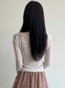 DAZY V-Neck Bowknot Sheer Lace Trim Long Sleeve Sexy Crop Top For Women - White - View 2