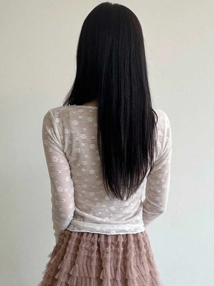 V-Neck Bowknot Sheer Lace Trim Long Sleeve Sexy Crop Top For Women