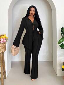 Veslaya 2 piezas Conjunto de mujer talla grande 2025 Primavera/Verano Casual/Playa/Viaje por carretera/Escapada urbana Cardigan con lazo en el cuello en color caqui sólido y pantalón ancho de pierna larga con cintura elástica Conjunto de 2 piezas talla grande - Negro - Ver 6