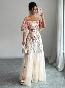 Elenzga Women Elegant Mesh Floral Print Fitted A-Line Maxi Dress Floral Formal Dress Embroidered Formal Dress Off Shoulder Formal Dress Garden Wedding Guest Dress - Multicolor - View 3