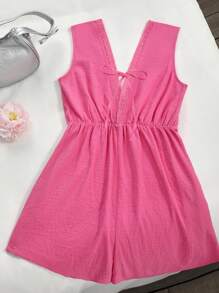 INAWLY Women's Sweet Vacation Casual Solid Color Sleeveless Jumpsuit, Summer - Hot Pink - View 2