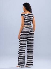 Hanevo Nouveau Top d'été intéressant à manches courtes et une épaule avec design de texture tricotée en bambou à rayures horizontales et pantalon évasé long taille haute ample. Ensemble casual sport mode collège 2 pièces pour femme