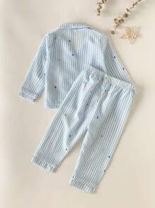两件套男婴休闲格子条纹长袖上衣和裤子舒适家居服 - 藍白色 - 查看 9